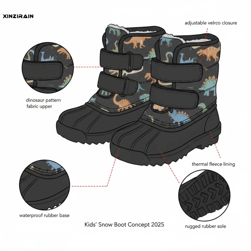 Dinosaur Print Waterproof Snow Boots for Kids | Custom Kids Shoes Manufacturer