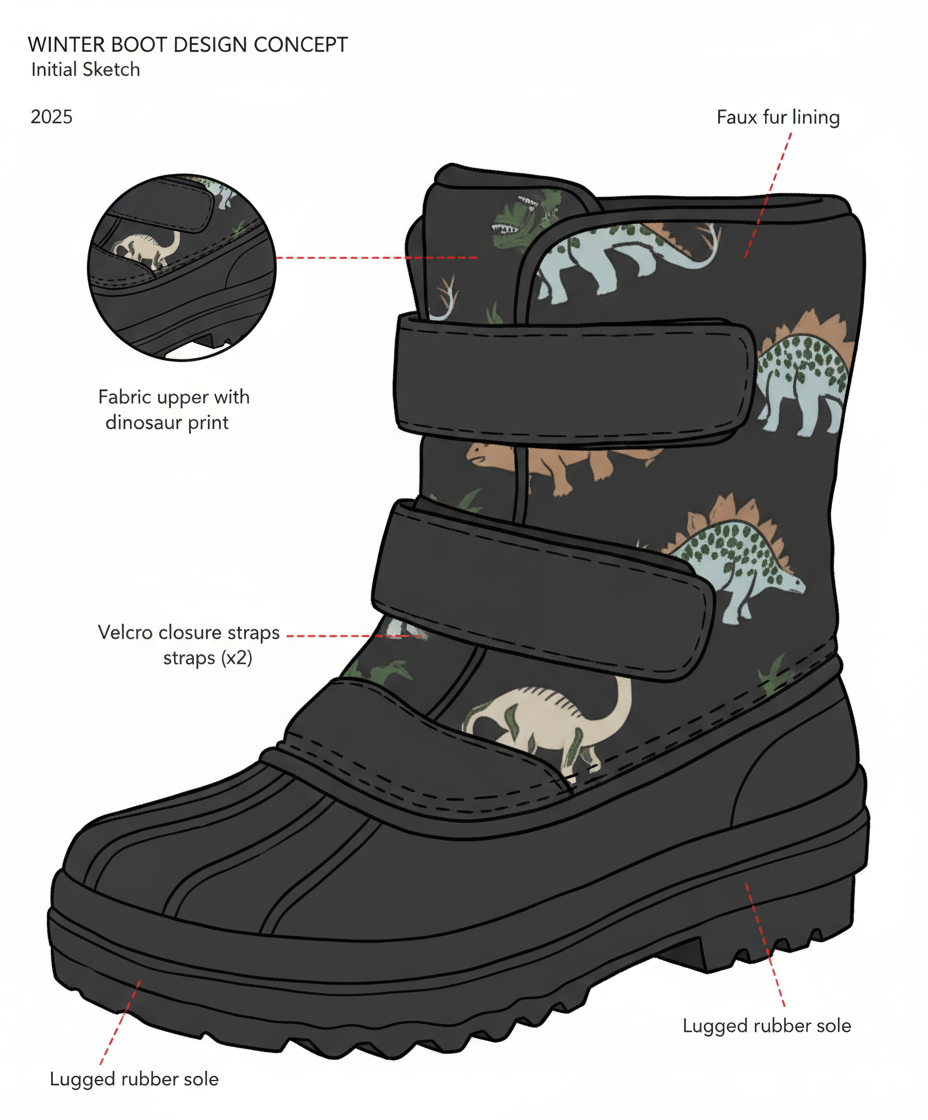  Kids’ dinosaur print waterproof snow boots with faux-fur lining and non-slip rubber sole.