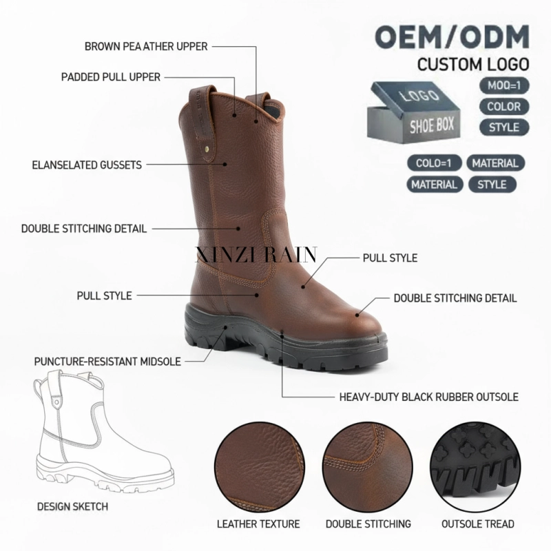 Custom Brown Leather Work Boots | OEM Pull-On Safety Boots Manufacturer China