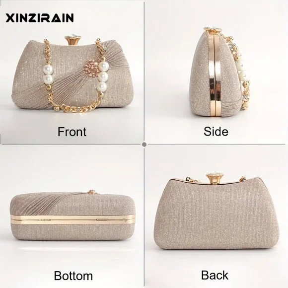 Custom Champagne Pearl & Rhinestone Clutch | Xinzirain Luxury Evening Collection