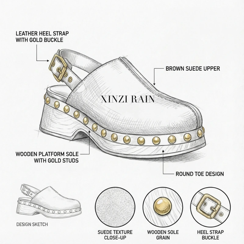 Custom Suede Studded Clogs for Women | Wooden Platform Slingback Mule