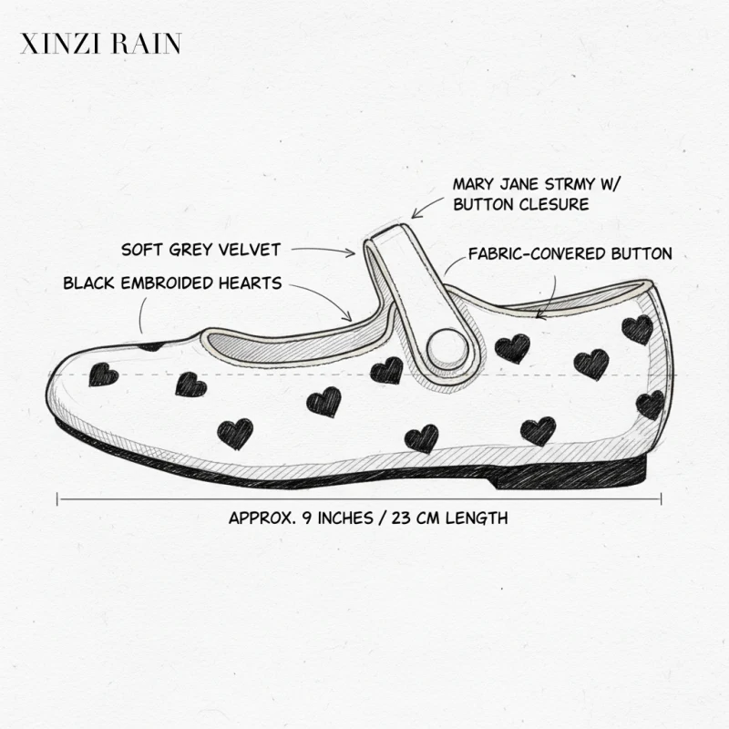 Private Label Kids Shoes Manufacturer | Velvet Mary Jane Flats with Heart Embroidery