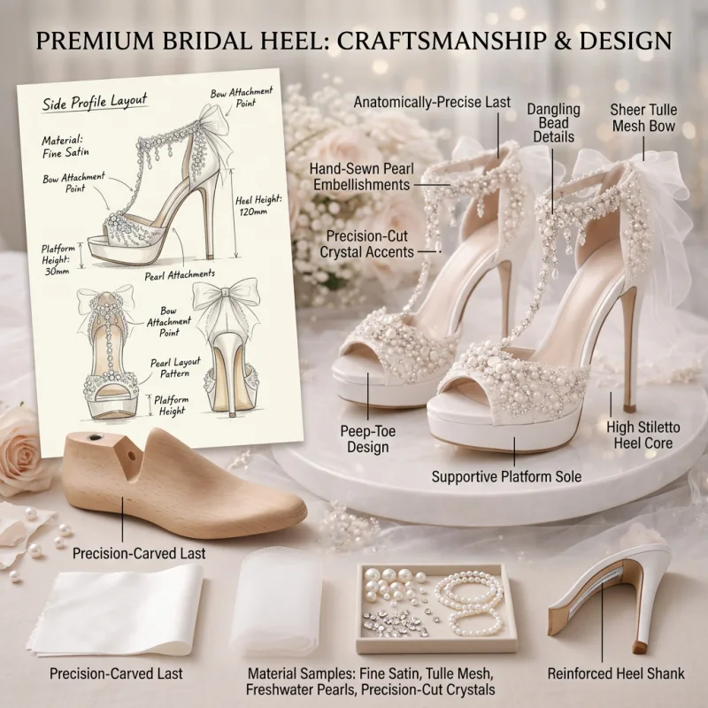 Fabricante de tacones de novia personalizados adornados con perlas | Tacones de aguja de plataforma de lujo para novias