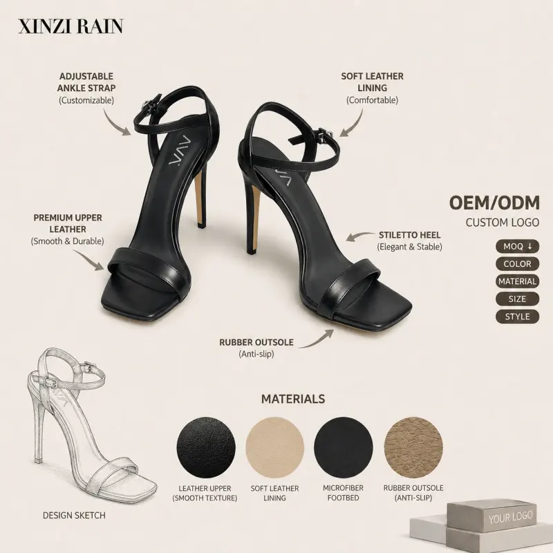 Minimalist Black Stiletto Heel Sandals | Custom Private Label Women's Footwear