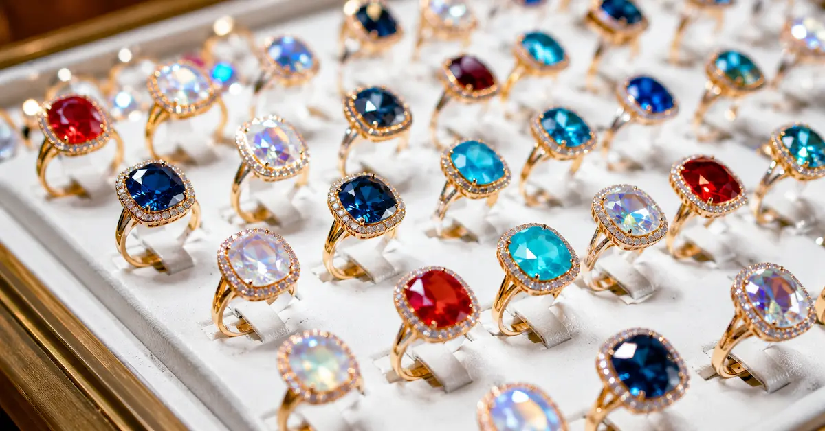 Colorful gemstone rings wholesale display
