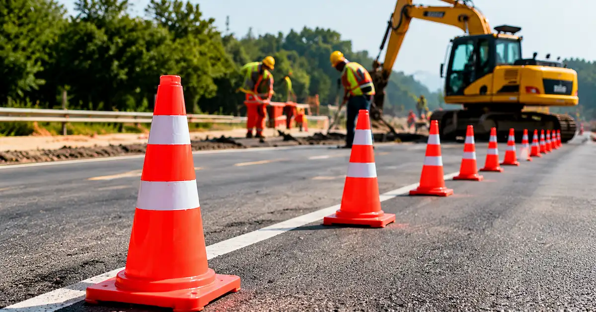PE traffic cones at road construction site