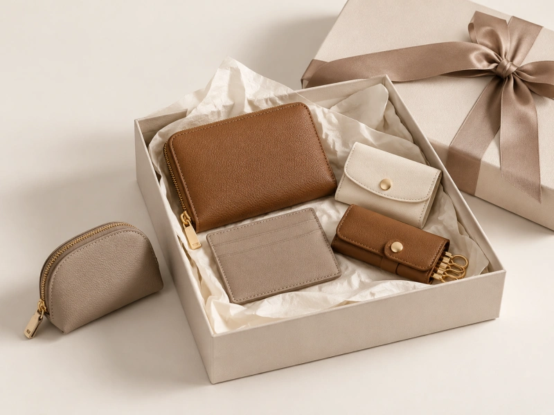 Fabrication de coffrets cadeaux saisonniers pour les marques de mode Seasonal small leather goods gift set with a wallet, card holder, key case, coin pouch, tissue paper, and neutral rigid gift box